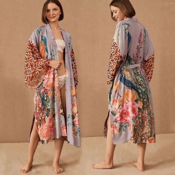 Damen Bademode WeHello Strand-Cover-Ups zum Bedrucken Pfauen-Kimono-Badeanzug Cape Sommerkleid Strandmode Freizeitkleidung