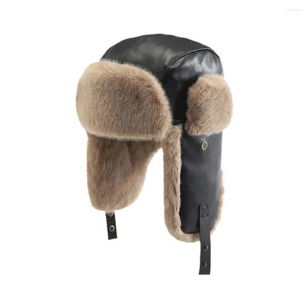 Berets Unisex Kunstpelz Winter Trapper Jagdhut Pu-Leder Winddicht Warm Cap Bomber mit Ohrenklappen 4 Farben