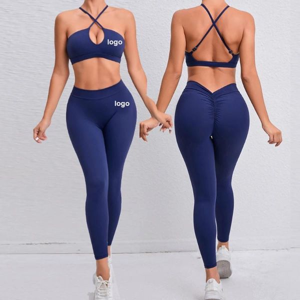 Aktive Sets Individuelles Logo Kreuz Rückenfreier Sportanzug für Fitness Damen Trainingsanzug Gym Leggings Set mit Push-Up Damen Yoga Kleidung