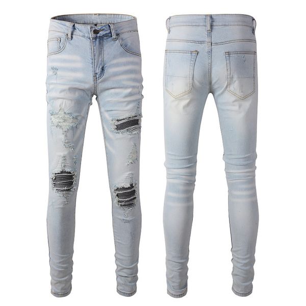 Jeans masculinos tendência de rua alta azul claro jeans desgastados com remendos masculinos, remendos de flores bordadas, ajuste fino