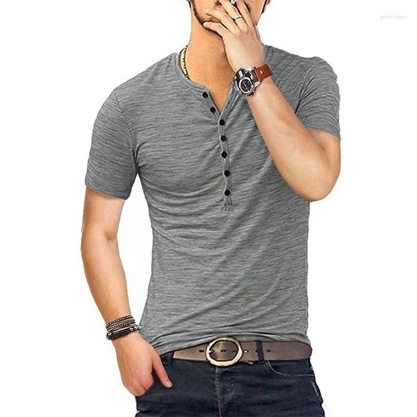 Abiti da uomo A2976 Maglietta Henley da uomo Manica corta T-shirt slim fit elegante con bottoni e scollo a V Magliette casual Taglia USA