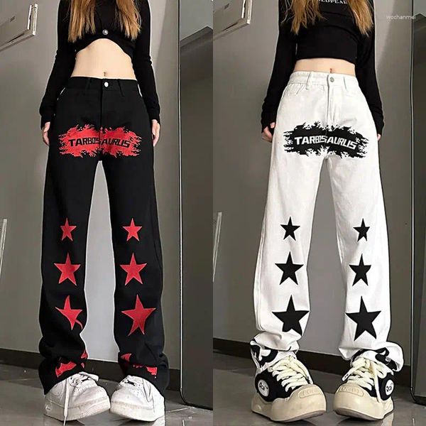 Damenhosen Modetrend 2023 High Street Print Star Y2k Mädchen Jeans Denim Koreanisch Weiß Schwarz Taille Hose Kleidung