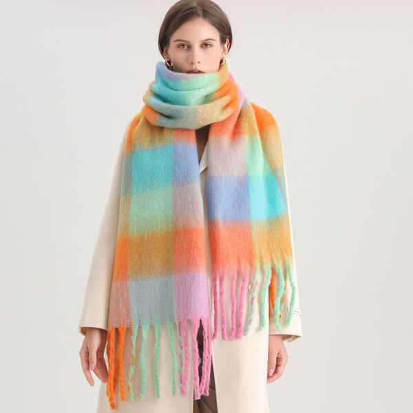 Sciarpa da donna alla moda, filato ad anello in cashmere imitazione invernale, scialle caldo ispessito, sciarpa con nappe patchwork scozzese arcobaleno