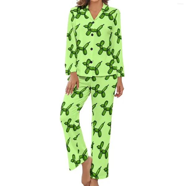 Pijamas femininos balão verde animal pijama feminino diversão cão romântico primavera manga longa 2 peças casual v pescoço design pijama conjuntos