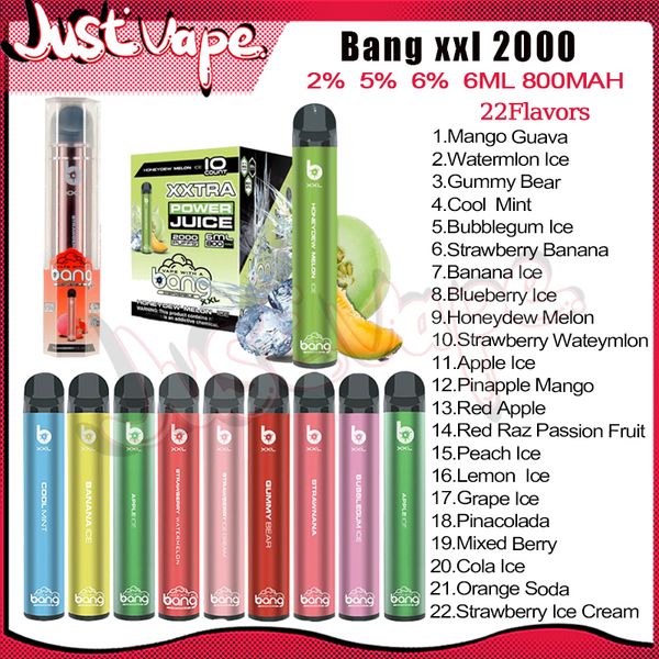 Bang XXL 2000 Puff Descartável E Cigarros Malha Bobina 6ml Pod 800 mAh Bateria Eletrônico Cigs Puff 2K 2% 5% 6% 22 sabores Vape Pen