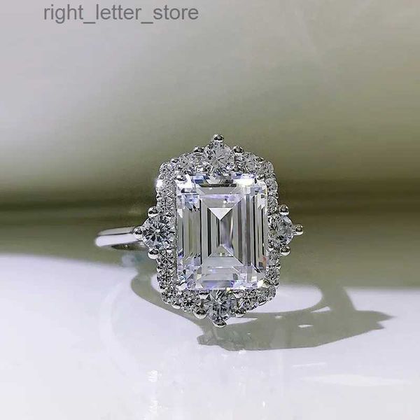Anello solitario Nuovo anello in argento sterling S925 con diamante bianco rettangolo 8 * 10 Set di lusso con 6 anelli di diamanti 5A Zircone Vendite dirette in fabbrica YQ231207