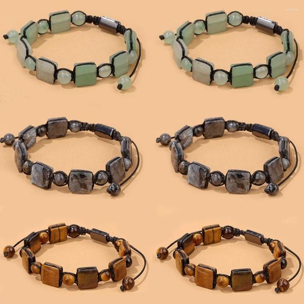 Charme pulseiras natural cubo plano quadrado pedra contas pulseira ajustável corda trançada olho de tigre labradorite para mulheres homens