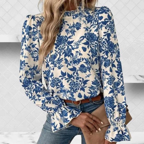 Blusas femininas 2023 roupas femininas plissado punhos manga longa renda guarnição mock pescoço camisa elegante padrão floral blusa topo