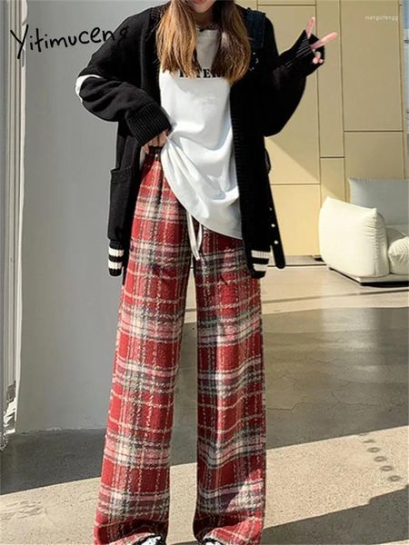 Pantaloni da donna Yitimuceng Plaid di lana per le donne 2023 Casual Vintage elastico in vita con coulisse oversize High Chic gamba larga Pant