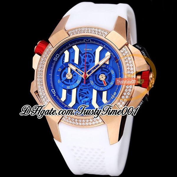 BZF Epic X Chrono Ec423.32.oe.ll.j Japonya VK kuvars kronograf hareketi erkek izle mavi iskelet kadranı gül altın elmaslar çerçeve kauçuk kronometre güvenilir zaman 001watches