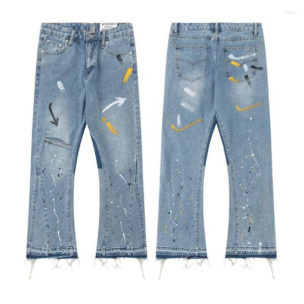 Jeans masculinos rua graffiti pintado flare para homens desgastado buraco reto y2k angustiado azul denim calças hip hop oversize calças soltas