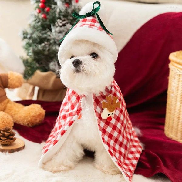 Disfraces de gato Gatos Cachorro Año de Navidad Capa a cuadros con bola pequeña Decoración de alce Perros Invierno Cálido al aire libre