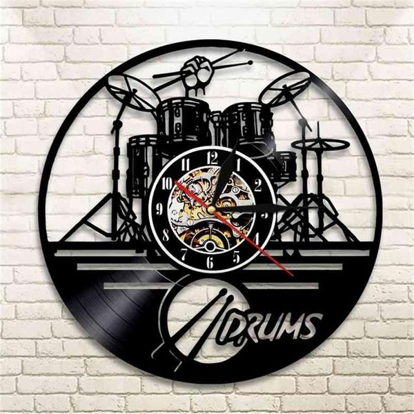 Bateria de guitarra conjunto silhueta led backlight reloj música moderno vinil relógio 3d relógio parede horloge banda membro fã artesanal presente 21032289a