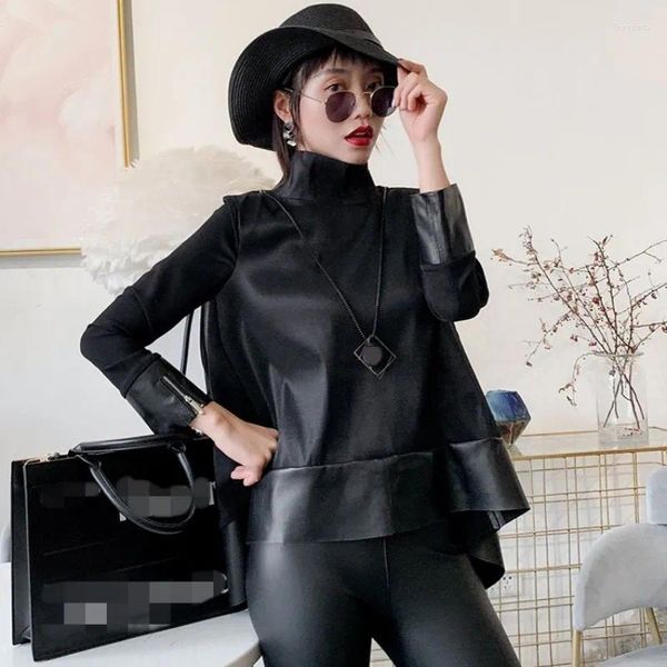 Couro feminino 2023genuíno chiffon emendado pulôver jaqueta feminina streetwear outono preto solto ajuste pele de carneiro manga longa casaco curto topo