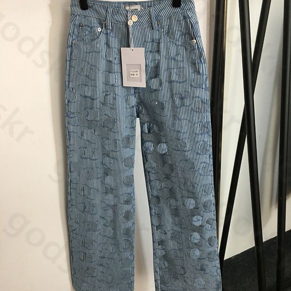 Çizgili düz bacak kot pantolon kadın tasarımcı baskısı yüksek belli denim pantolon geniş bacak denim pantolon