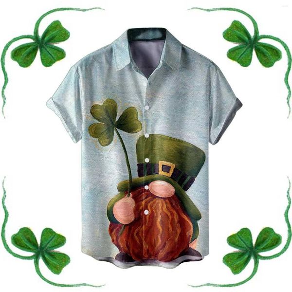 Herren-T-Shirts, langärmliges Herren-St.-Day-Hemd aus Flanell, festliches Gold-Vierblatt-Druck, grünes Revers, kurzärmeliges Yoga-Oberteil