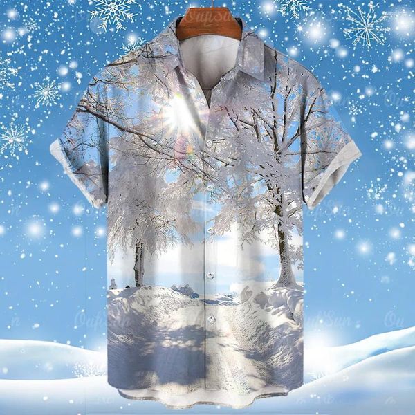 Camicie casual da uomo Camicia hawaiana stampata in 3D Modello di neve invernale Maniche corte Risvolto Abbigliamento da vacanza Moda estiva alla moda