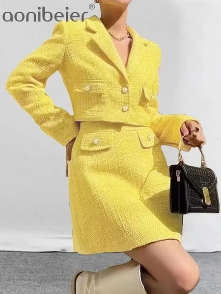 Vestido de duas peças Aonibeier elegante escritório tweed jaqueta mini saia ternos traf 2023 inverno manga comprida botão blazer feminino colheita top conjuntos 231207