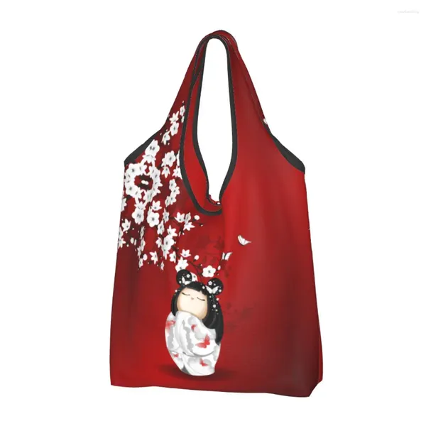 Einkaufstaschen, japanische Keiko Kokeshi Doll Merch, wiederverwendbar, faltbar, 22,7 kg Tragkraft, Öko-Tasche, umweltfreundlich, waschbar