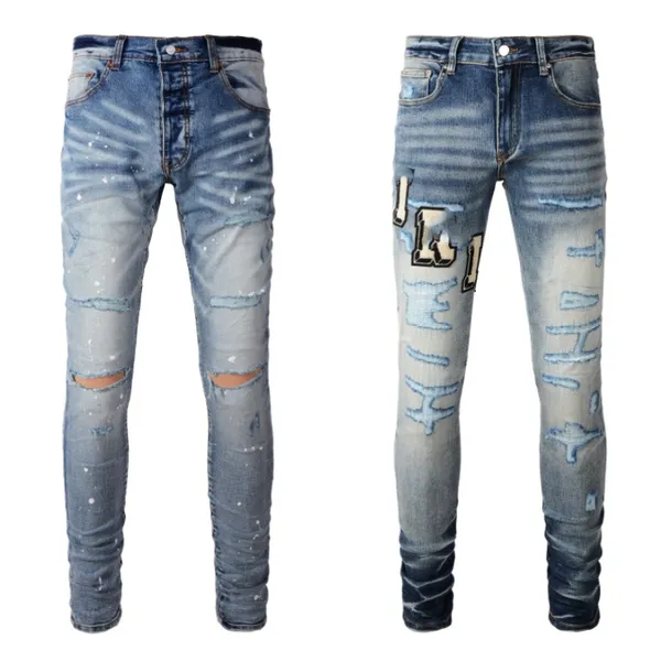 Calças de brim transfronteiriças da moda marca retro pintura jeans rasgados remendo jeans jeans masculinos estilo fino