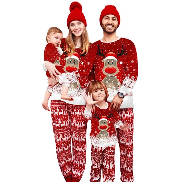 Одинаковые комплекты для всей семьи, рождественский пижамный наряд, пуловер с длинными рукавами и принтом оленя, снежинки, брюки, комплект для взрослых и детей 231207