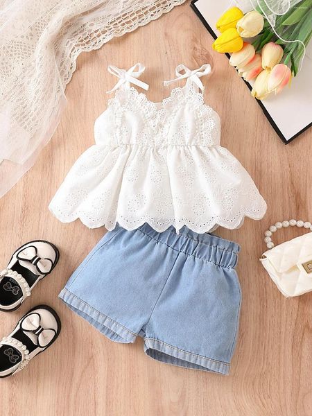 Conjuntos de roupas 6m-3t moda nascido criança bebê meninas roupas oco laço branco suspender camisa jeans 2pcs outfit set infantil menina