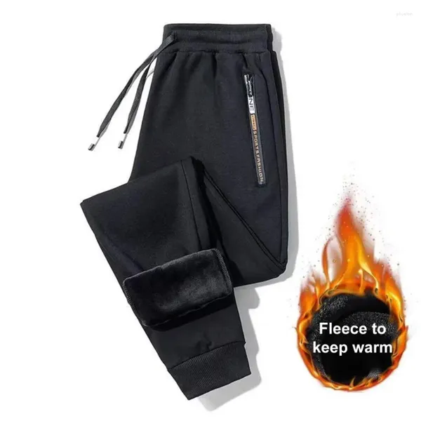 Calças masculinas engrossar forro de lã longo à prova de vento forrado jogging com bolsos de cordão de cintura elástica para o outono