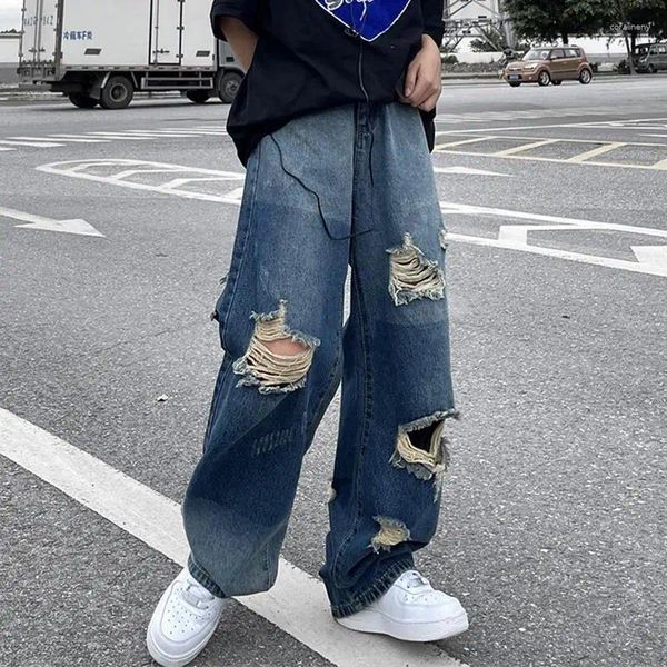 Jeans da uomo Pantaloni dritti con fori Rotti Pantaloni da cowboy da uomo Hip Hop Strappati Strappati Abbigliamento autunnale Tendenza 2023 Y2k Streetwear