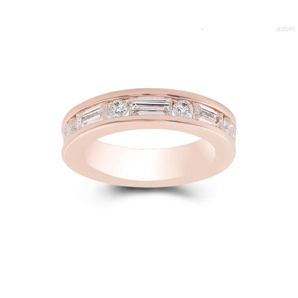 Anel de joias finas Design exclusivo configuração de canal Moissanite Baguette cortado e redondo Vvs 18k ouro rosa