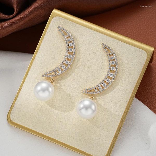 Pendientes colgantes SENYU, moda, luna creciente, gota pavimentada, Zirconia cúbica para mujer, joyería nupcial de boda, pendiente de perla de bola blanca