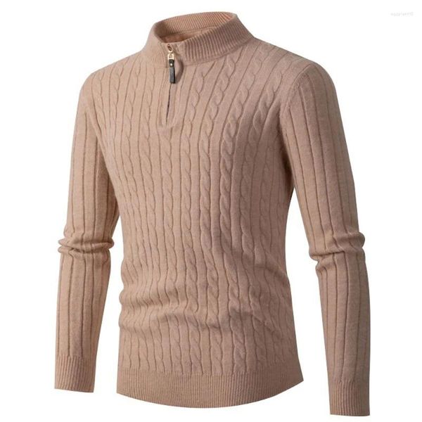 Suéter masculino de inverno com zíper suéter slim fit moletom casual de malha gola alta pulôver mock neck polo masculino outono tops