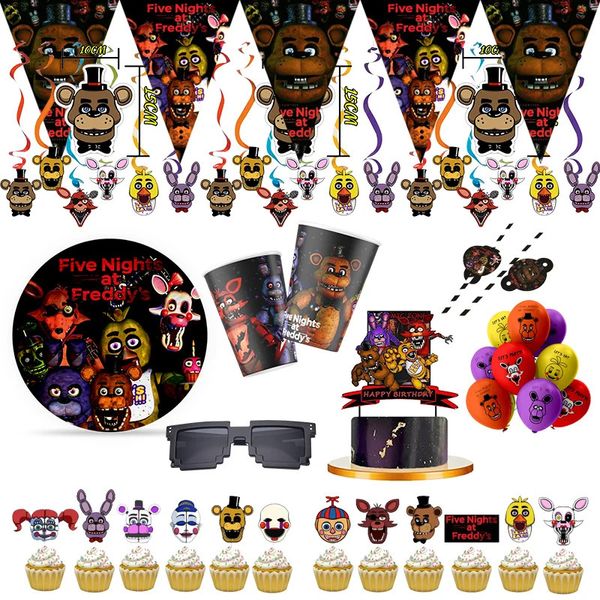 Weihnachtsdekorationen Cartoon Five FNAF Geburtstagsfeier Einwegdekorationen Partygeschirr-Set Pappbecher Pappteller Kinderpartyzubehör 231207