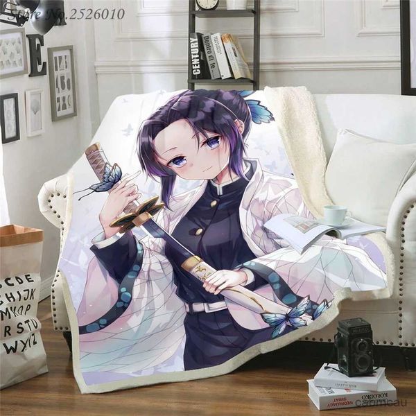 Coperte Coperta da tiro Anime Kochou Shinobu 3D Velluto Peluche Coperta Copriletto Per Bambini Ragazze Sherpa Coperta Divano Copripiumino Viaggio 02 R231207