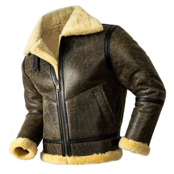 Couro masculino falso vintage marrom inverno shearling jaqueta plus size 6xl estilo militar natural grosso pele de carneiro b3 bombardeiro casacos genuínos 231207