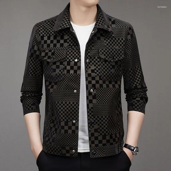 Jaquetas masculinas xadrez moda couro pano reunindo tecido fino casaco