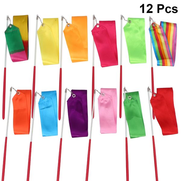 Fita de dança 12pcs 2 metros fita de ginástica de arte rítmica com vara crianças dançando streamers riband haste para ginástica gota 231207