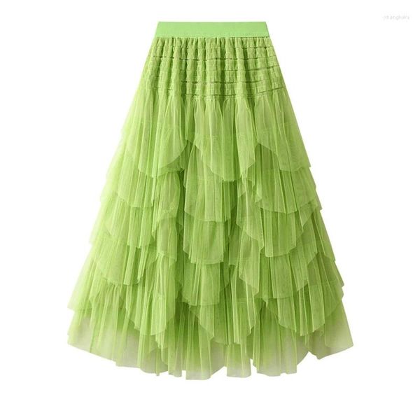 Saias Tigena Tutu Tulle Saia Longa para Mulheres 2023 Coreano Design de Moda Irregular Hem Uma Linha Cintura Alta Plissada Maxi Feminino