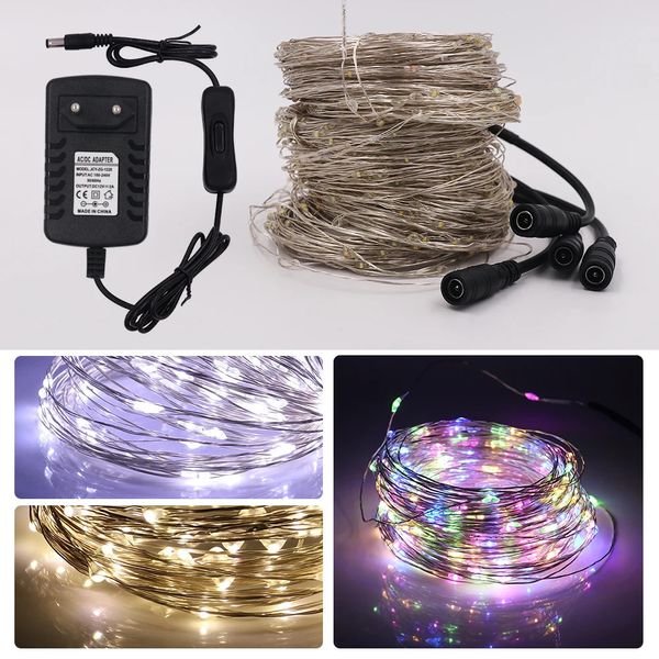 Noel Süslemeleri 10m 20m LED String Peri Işıkları Switch Power Fiş Bakır Tel Açık Bahçe Tatil Noel Işığı RGB Renkli Çelenk 231207