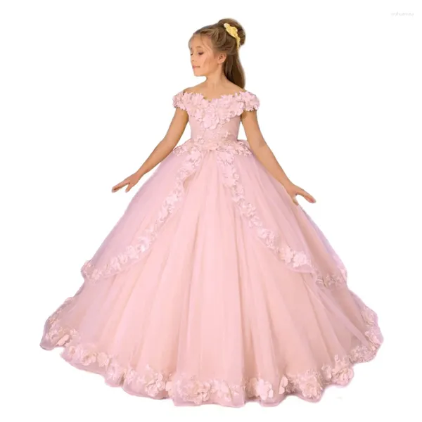 Vestidos da menina inchado tule flor para o casamento 3d applique fora do ombro elegante até o chão vestido crianças primeira comunhão vestidos de baile