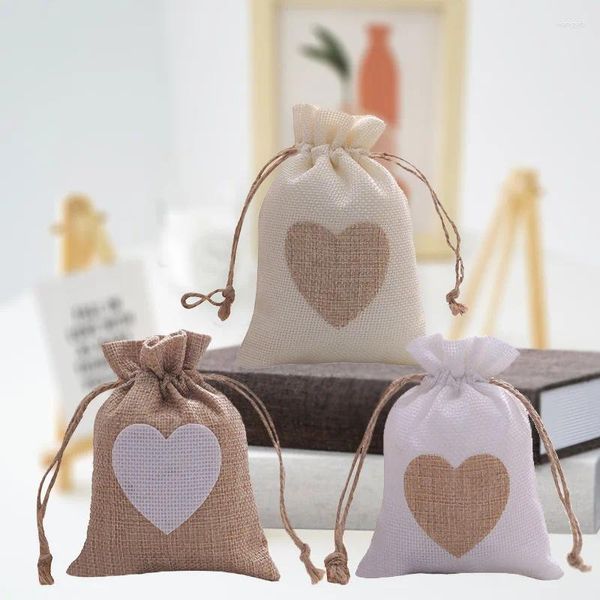 Confezione regalo 5 pezzi Sacchetti adesivi con coulisse a cuore Bomboniere natalizie Sacchetti piccoli in tela di iuta di alta qualità Matrimonio per gli ospiti