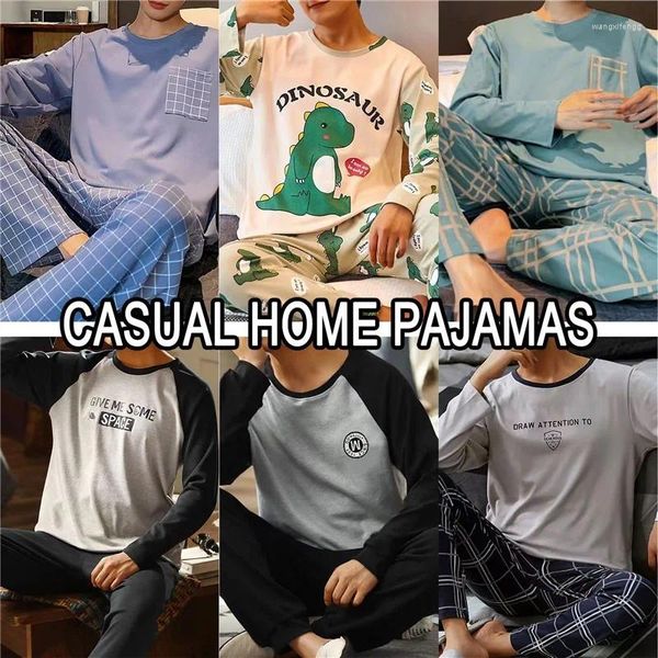 Pijamas masculinos marca outono algodão pijamas carta listrado dos desenhos animados conjuntos de pijama casual lounge ternos pijamas plus size 4xl