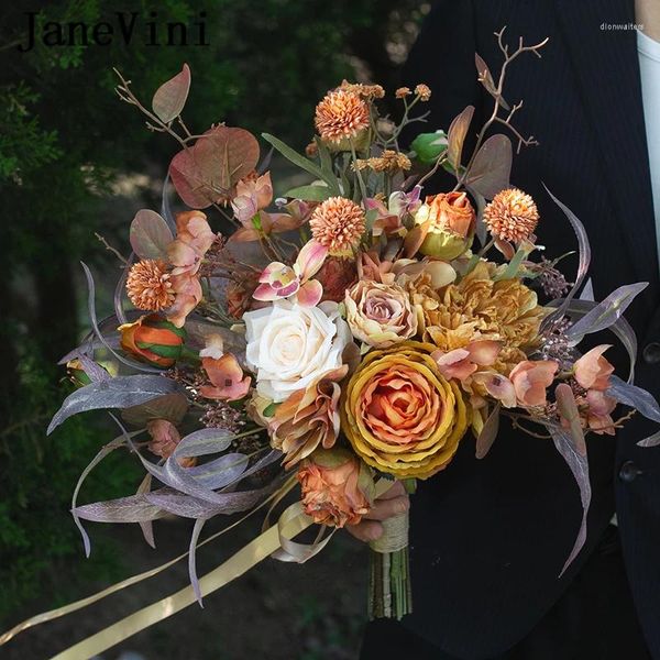 Flores de casamento JaneVini Vintage Outono Estilo Europeu Laranja Rosa Buquê de Seda Artificial Nupcial Mão Flor Ramo Flores Novia