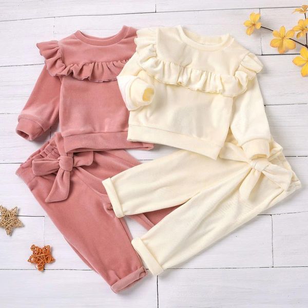 Set di abbigliamento Pantaloni maglione di velluto da ragazza Set da due pezzi Solido fiocco giapponese e coreano