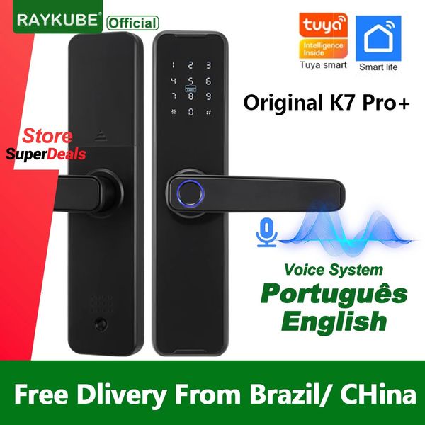 Fechadura inteligente RAYKUBE com impressão digital biométrica K7 Pro Preto Smart Lock Tuya App Desbloqueio remoto Bloqueio sem chave Fechadura eletrônica 231206
