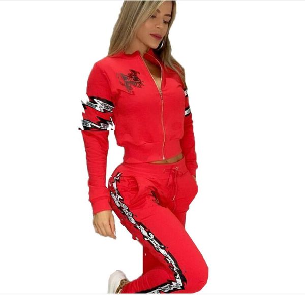 Luxurys Primavera Marca Mulheres Impresso Dois Peice Set Hoodie + Pant Jogging Ternos Impressão Vermelho Sexy Curto Sweatershirt Mulheres Tracksuits Designer Jacket