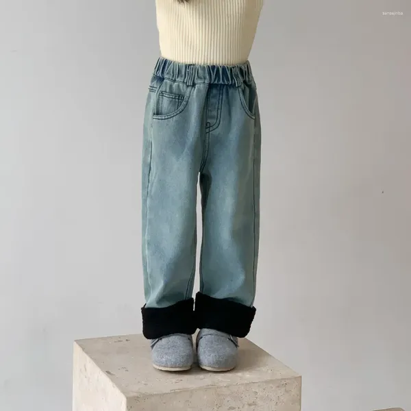 Pantaloni Pantaloni per bambini Pantaloni a gamba dritta Abbigliamento per bambini Inverno Bambino Jeans di giunzione coreani Casual Ispessimento Velluto solido Vita elastica