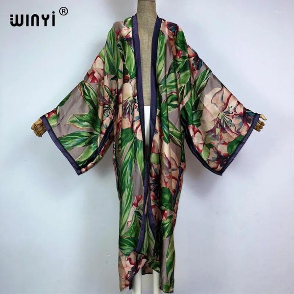 Roupa de banho feminina winyi quimono boho impressão kaftans beach wear cover-ups elegante cardigan sexy férias maxi roupas para mulheres vestidos