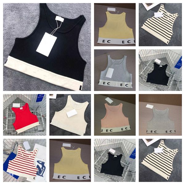 Designer Womens Tank Tops Camisetas Verão Mulheres Tops Tees Crop Top Bordado Sexy Off Ombro Preto Casual Sem Mangas Backless Top Camisas Sólidas Stripe Color Vest