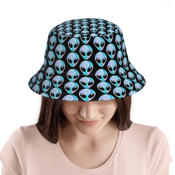 Berets Alien Head Holographic Blue Skin Fisherman Hat Shade Bucket Hats Hip Hop Damen Herren Camping Wandern Zubehör