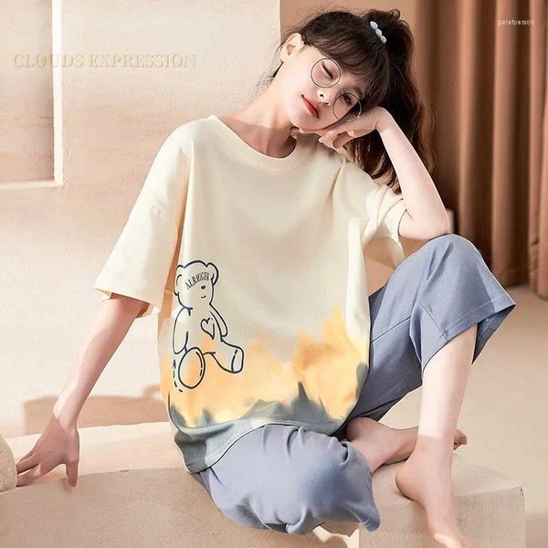 Damen Nachtwäsche Sommer Nachtwäsche Kawaii Mädchen Junge Cartoon Print Capris Pyjama Sets Pyjamas Loungewear Pijama Mujer Homewear